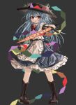  1girl absurdres black_background black_footwear black_headwear blue_hair blue_skirt boots bow bowtie chinese_commentary commentary english_commentary food frilled_skirt frills fruit full_body highres hinanawi_tenshi holding holding_sword holding_weapon leaf long_hair looking_at_viewer open_mouth ougiikun peach rainbow_order red_bow red_bowtie red_eyes simple_background skirt standing sword touhou weapon 