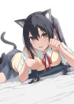  1girl absurdres animal_ears bangs black_hair black_socks blue_skirt blush brown_eyes cat_ears cat_tail commentary_request hair_between_eyes highres k-on! long_hair looking_at_viewer lying nakano_azusa neck_ribbon necosuna7l on_stomach open_mouth paw_pose red_ribbon revision ribbon sakuragaoka_high_school_uniform school_uniform shirt short_sleeves simple_background skirt socks solo summer_uniform sweater_vest tail twintails vest white_background white_shirt yellow_vest 