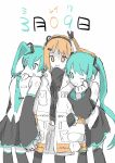  3girls a.i._voice adachi_rei aqua_eyes aqua_hair aqua_necktie arm_hug black_leggings black_shirt black_skirt black_thighhighs clone collared_shirt commentary detached_sleeves feet_out_of_frame girl_sandwich gloves grey_skirt hair_ornament hair_ribbon hatsune_miku head_on_another&#039;s_shoulder headlamp highres holding_hands jacket leggings long_hair looking_at_viewer migo_butter miku_day multiple_girls necktie number_tattoo one_eye_closed open_clothes open_jacket open_mouth orange_eyes orange_hair partially_colored pleated_skirt pun radio_antenna ribbon sandwiched shirt side_ponytail sketch skirt sleeveless sleeveless_shirt smile standing tattoo thigh-highs translated turtleneck twintails utau vocaloid white_gloves white_ribbon 