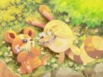  :o blue_eyes chikafuji closed_eyes fence flower head_wreath holding holding_flower leaf lying on_back on_grass open_mouth outdoors pokemon pokemon_(creature) rock sentret signature smile teddiursa 