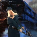  1girl blonde_hair bluredge building cityscape cloak dress energy_gun energy_weapon english_commentary english_text ginga_tetsudou_999 green_eyes ground_vehicle hat highres lips long_hair machinery maetel open_mouth ray_gun realistic science_fiction space_train spacecraft surprised three-nine_(space_train) title train upper_body weapon 