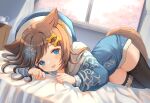  1girl :d animal_ears bed black_thighhighs blue_eyes blue_hoodie bone_hair_ornament brown_hair commission cup dog_ears dog_girl dog_tail hair_ornament hat highres hood hood_down hoodie indoors long_hoodie long_sleeves looking_at_viewer lying marekamico medium_hair on_bed on_side skeb_commission smile tail teacup teapot thigh-highs vrchat window 