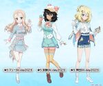  3girls :q alternate_hairstyle andou_(girls_und_panzer) ascot baseball_cap belt black_eyes black_footwear black_hair blonde_hair blue_background blue_belt blue_dress blue_eyes blue_footwear blue_jacket blue_shorts blue_vest bow bowl brown_headwear brown_thighhighs character_name closed_mouth collared_shirt commentary_request cookie cross-laced_footwear dark-skinned_female dark_skin dress drill_hair food frilled_dress frilled_sleeves frills girls_und_panzer girls_und_panzer_senshadou_daisakusen! green_eyes hair_bun hair_ornament hair_up hairclip hat high-waist_shorts high_heels holding holding_bowl holding_food holding_spoon ice_cream ice_cream_cone jacket jacket_on_shoulders leg_up licking long_hair looking_at_viewer marie_(girls_und_panzer) medium_hair messy_hair multiple_girls official_alternate_costume official_art one_eye_closed oshida_(girls_und_panzer) pink_bow polka_dot polka_dot_legwear print_thighhighs puffy_shorts shirt shoes short_dress short_shorts shorts smile socks spoon sprinkles standing standing_on_one_leg star_(symbol) suspenders_hanging thigh-highs tongue tongue_out translated vest watermark white_ascot white_day white_footwear white_shirt white_socks white_thighhighs 