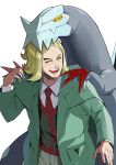  1boy bangs baxcalibur blonde_hair blush closed_eyes collared_shirt commentary_request green_jacket hand_up hassel_(pokemon) jacket long_sleeves male_focus mon!_(monmonlezard) necktie open_clothes open_jacket open_mouth pants parted_bangs pokemon pokemon_(creature) pokemon_(game) pokemon_sv red_necktie shirt teeth tongue vest white_background 