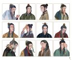  1boy black_hair blue_eyes border bun_cover chinese_clothes cloak closed_mouth cup eishou_(juuni_kokuki) frown fur-trimmed_cloak fur_trim hair_bun hair_down hair_pulled_back hand_on_own_chin hand_on_own_forehead hand_up hanfu holding holding_cup juuni_kokuki long_sleeves looking_at_viewer male_focus multiple_views open_mouth outside_border profile saiga_tokihito sidelocks sideways_glance simple_background single_hair_bun smile smug straight-on stroking_own_chin thinking updo upper_body violet_eyes white_background wide_sleeves xiao_guan_(headdress) 
