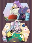  ! !! 2girls ;d bangs bellibolt book character_hair_ornament commentary_request cup drinking green_eyes green_hair grey_shirt hair_ornament hand_up heart highres holding holding_cup iono_(pokemon) jacket long_hair long_sleeves min_(myna8247) miriam_(pokemon) mug multiple_girls nail_polish one_eye_closed open_mouth pink_hair pokemon pokemon_(creature) pokemon_(game) pokemon_sv purple_hair rotom rotom_phone shirt sleeveless sleeveless_shirt sleeves_past_fingers sleeves_past_wrists smile spoken_heart steam sweater teeth tongue toxapex upper_teeth_only yellow_jacket yellow_nails 