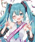  1girl :d bangs blue_eyes blue_hair blush collared_shirt confetti dated detached_sleeves double_v hatsune_miku highres long_hair long_sleeves looking_at_viewer miku_day nail_polish necktie nibii_(mnwv8887) one_eye_closed open_mouth sash shirt sleeveless sleeveless_shirt smile solo translation_request twintails v vocaloid 
