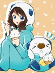  &gt;_&lt; 1girl :&lt; :o alternate_costume bangs blue_eyes brain_freeze brown_hair closed_mouth commentary_request cosplay eating food highres hilda_(pokemon) holding holding_spoon hood hood_up ice_cream ice_cream_cone looking_at_viewer mijumaruko onesie open_mouth oshawott oshawott_(cosplay) pokemon pokemon_(creature) pokemon_(game) pokemon_bw sidelocks spoon tongue 