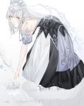  1girl bangs bare_shoulders bent_over breasts dress duel_monster flower grey_eyes grey_hair high_heels highres large_breasts long_hair looking_at_viewer nakagawa_kanon_(pixiv32798535) parted_lips reaching ripples short_sleeves solo teardrop_the_rikka_queen veil white_flower yu-gi-oh! 