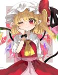  1girl ;) blonde_hair blush bracelet crystal flandre_scarlet hat highres jewelry laevatein_(touhou) looking_at_viewer mob_cap one_eye_closed one_side_up pointy_ears ramochi red_eyes simple_background skirt smile solo touhou vest white_headwear wings 
