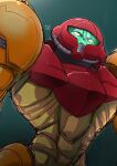  1girl absurdres armor assault_visor commentary_request green_background helmet highres looking_at_viewer metroid metroid_fusion no_pupils pauldrons power_suit_(metroid) revision sa-x science_fiction shoulder_armor signature simple_background solo translated upper_body varia_suit zero-theme 
