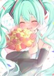  1girl 39 absurdres aqua_hair blush bouquet closed_eyes commentary detached_sleeves flower grey_shirt hatsune_miku highres holding holding_bouquet holding_flower long_sleeves miku_day open_mouth peko_nyan shirt smile solo upper_body vocaloid 