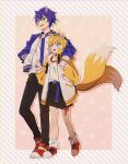  2boys animal_ears arm_around_shoulder banri_0917 black_pants blonde_hair blue_eyes blue_hair blue_jacket blush_stickers clenched_hand commentary_request diagonal_stripes fox_boy fox_ears fox_tail full_body green_eyes hand_in_pocket highres humanization jacket korean_commentary long_sleeves male_focus multiple_boys multiple_tails open_clothes open_jacket open_mouth pants pink_background red_footwear shirt shoes short_hair simple_background smile sonic_(series) sonic_the_hedgehog standing star_(symbol) striped striped_border tail tails_(sonic) two_tails white_shirt yellow_jacket 