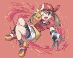  1girl ;d bandana bangs bike_shorts brown_hair collared_shirt commentary_request eyelashes gloves grey_eyes hand_up highres holding holding_pokemon looking_at_viewer may_(pokemon) one_eye_closed open_mouth pokemon pokemon_(creature) pokemon_(game) pokemon_rse red_bandana red_shirt shirt shoes short_sleeves skirt smile socks sutokame tongue torchic w white_skirt 