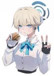  1girl absurdres black_gloves blonde_hair blue_archive blue_bow blue_bowtie blue_eyes bow bowtie braid bun_cover burger chewing closed_mouth collared_shirt cropped_torso earpiece eating fingerless_gloves food food_on_face gloves halo highres holding holding_food if_f looking_at_viewer shirt short_hair simple_background solo toki_(blue_archive) upper_body v wavy_mouth white_background white_shirt 