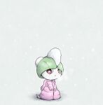  :o blush breath bright_pupils coat cold commentary_request grey_background highres hood hood_down hooded_coat kashiwa_(3920kashiwa) long_sleeves looking_at_viewer no_humans open_mouth parted_lips pink_coat pokemon pokemon_(creature) ralts red_eyes simple_background snowing standing white_pupils winter_clothes winter_coat 
