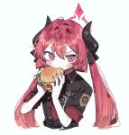  1girl black_horns black_ribbon black_shirt blue_archive blush burger dbffnj9yodnccnd eating food food_in_mouth hair_between_eyes hair_ribbon halo holding holding_food horns junko_(blue_archive) long_hair looking_at_viewer necktie pink_eyes pointy_ears red_eyes red_necktie redhead ribbon shirt short_sleeves simple_background solo twintails upper_body white_background 