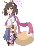  1girl :d animal_ear_fluff animal_ears black_gloves blue_archive blue_sailor_collar blue_skirt blush brown_hair cowboy_shot fang fox_ears fox_girl fox_hair_ornament fox_shadow_puppet fox_tail gloves halo highres izuna_(blue_archive) karon_(karon_cha) looking_at_viewer orange_tail partially_fingerless_gloves pink_scarf sailor_collar scarf school_uniform serafuku short_hair simple_background skin_fang skirt smile solo tail white_background white_serafuku yellow_eyes 