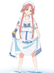  1girl aria_(manga) aria_company_uniform beret blue_bow blue_bowtie blue_gloves blue_ribbon bluearcadegames bow bowtie bracelet closed_mouth clothes_lift dated dress dress_lift feet_out_of_frame gloves gold_bracelet gold_trim green_eyes hair_tubes hat hat_ribbon highres jewelry looking_at_viewer mizunashi_akari parted_bangs pink_hair ribbon sailor_collar short_hair_with_long_locks short_sleeves signature simple_background single_glove smile solo standing wading water white_background white_dress white_hat 