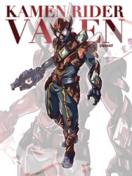1boy armor bodysuit brown_armor character_name chocolate energy_gun gun highres holding holding_gun holding_weapon kamen_rider kamen_rider_gavv_(series) kamen_rider_valen li_li_li_li_jun male_focus solo tokusatsu valenbuster weapon