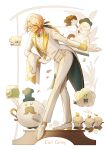  1boy absurdres bangs blonde_hair bowing brooch cake candle character_name cloth coat collared_shirt commentary cookie_run crossed_legs cup dress_shoes duster earl_grey_cookie english_commentary falling_petals feather_duster food formal glasses gloves green_eyes green_ribbon hair_ribbon highres holding holding_plate humanization jewelry lapels leaning_forward looking_at_viewer low_ponytail male_focus mayst0rm notched_lapels outstretched_arm pants parted_bangs petals plate ribbon round_eyewear shirt shoes smile socks solo standing suit swiss_roll tailcoat teacup teapot two-sided_fabric vest watson_cross white_background white_coat white_footwear white_gloves white_pants white_shirt white_suit white_tailcoat white_vest yellow-framed_eyewear yellow_socks 