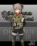  1girl absurdres ammunition_pouch artist_name bangs belgian_flag black_gloves black_skirt blush brown_gloves brown_shirt brown_vest bullpup camouflage camouflage_shirt character_name closed_mouth commentary_request dated desert_camouflage double_bun emoji english_text fn_herstal girls_frontline gloves gradient_background grey_background grey_thighhighs gun hair_bun hair_ornament hand_up headset highres holding holding_gun holding_weapon kanji knee_pads kochiya_tenko letterboxed light_brown_hair load_bearing_equipment load_bearing_vest logo looking_at_viewer military miniskirt no_eyewear p90 p90_(girls&#039;_frontline) pixiv_username pouch product_placement red_eyes rocket_launcher romaji_text shirt skirt sleeves_rolled_up smaw smile smoke_grenade snap-fit_buckle solo submachine_gun tactical_clothes thigh-highs thigh_pouch tsurime two-tone_gloves vest watch watch weapon weapon_name weapon_on_back 
