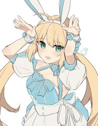  1234eabc 1girl ahoge animal_ears artoria_caster_(fate) artoria_caster_(swimsuit_berserker)_(fate) artoria_caster_(swimsuit_berserker)_(second_ascension)_(fate) artoria_pendragon_(fate) blonde_hair blue_dress blush dress fake_animal_ears fate/grand_order fate_(series) green_eyes hairband highres long_hair looking_at_viewer open_mouth puffy_short_sleeves puffy_sleeves rabbit_ears short_sleeves simple_background smile solo sweatdrop twintails twitter_username two-tone_dress white_background white_dress white_hairband 