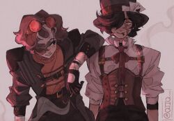  2boys ace_(playing_card) ace_of_spades adapted_costume alternate_costume belt_chain black_eyes black_gloves black_hat black_pants brown_coat brown_corset brown_hair card cigarette coat collared_shirt commentary corset dream_smp elbow_on_another's_shoulder english_commentary eye_contact fingerless_gloves gloves goggles goggles_on_head hair_over_one_eye hat highres holding holding_cigarette leaning_on_person looking_at_another male_focus minecraft_youtube multicolored_hair multiple_boys necktie open_clothes open_coat pants patchwork_clothes patchwork_skin playing_card qtiq quackity red-tinted_eyewear red_necktie scar scar_across_eye scar_on_cheek scar_on_face shirt smile smoke smoking spade_(shape) steampunk stitched_arm stitched_face stitches streaked_hair sweater tinted_eyewear top_hat white_background white_hair white_shirt wilbur_soot yellow_sweater 