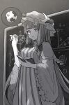  1girl absurdres bangs blunt_bangs book bow breasts chalk chalkboard chiroru_(cheese-roll) commentary crescent crescent_pin hair_bow hat highres holding holding_book holding_chalk indoors limited_palette long_hair long_sleeves mob_cap patchouli_knowledge planet sidelocks solo speech_bubble standing touhou violet_eyes wide_sleeves 