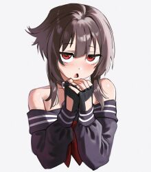  1girl blush breasts brown_hair choker dress fingerless_gloves gloves highres kono_subarashii_sekai_ni_shukufuku_wo! looking_at_viewer megumin off-shoulder_dress off_shoulder red_eyes red_ribbon ribbon sailor sailor_collar short_hair short_hair_with_long_locks shy small_breasts solo waligner watermark 