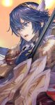  1girl armor bangs blue_eyes blue_gloves blue_hair fire_emblem fire_emblem_awakening fire_emblem_heroes fujikawa_arika gloves hair_between_eyes hair_ornament holding holding_polearm holding_shield holding_weapon long_hair looking_away lucina_(brave_princess)_(fire_emblem) lucina_(brave_princess)_(resplendent)_(fire_emblem) lucina_(fire_emblem) official_alternate_costume open_mouth polearm shield shoulder_armor solo spear tiara weapon wing_hair_ornament 