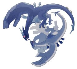  black_eyes dual_persona fangs full_body highres looking_at_another lugia mamebato no_humans open_mouth pokemon pokemon_(creature) pokemon_focus pokemon_xd red_eyes shadow_lugia simple_background skin_fangs tail tongue twitter_username white_background wings 