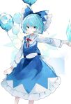  1girl balloon blue_bow blue_eyes blue_hair blue_skirt blue_vest blush bow cirno collared_shirt detached_wings fairy feet_out_of_frame frilled_shirt_collar frills hair_bow highres ice ice_wings kureha_ki908 long_sleeves pointy_ears shirt short_hair skirt solo touhou vest white_shirt wings 