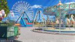  amusement_park balloon blue_sky candy carousel cart clouds day ferris_wheel food lollipop no_humans original outdoors pendulum_ride railing roller_coaster sanxian_(wufs4222) scenery sky tree 