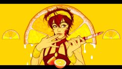  1boy bare_shoulders black_nails blood blood_on_face blood_on_knife brown_shirt choker ginsky2000 hairband highres holding holding_knife jojo_no_kimyou_na_bouken knife looking_to_the_side messy_hair narancia_ghirga orange_eyes red_hair shirt short_hair sleeveless upper_body vento_aureo wristband yellow_hairband yellow_theme 