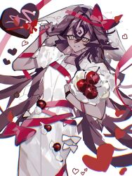  1girl black_forest_cookie boquet brown_hair caozui73506 cherry chocolate_heart cookie_run cookie_run:_kingdom dark-skinned_female dark_skin heart puffy_sleeves red_ribbon ribbons veil wedding_dress white_dress white_eyes 