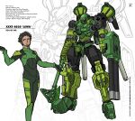  1boy absurdres apoloniodraws arm_cannon axe bionicle black_gloves black_hair bodysuit character_name facial_hair full_body gloves glowing glowing_eye green_bodysuit green_eyes green_gloves hair_behind_ear highres lewa_(bionicle) male_focus mecha mechanization open_hands pilot_suit robot science_fiction simple_background smirk standing stubble the_lego_group two-tone_gloves weapon white_background 