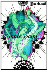  1boy 1other bruno_bucciarati cleavage_cutout clothing_cutout colored_skin english_text ginsky2000 green_eyes green_hair green_skin green_theme hair_ornament hairclip helmet high_collar highres jacket jojo_no_kimyou_na_bouken long_sleeves pectorals stand_(jojo) sticky_fingers_(stand) vento_aureo white_jacket zipper_pull_tab 