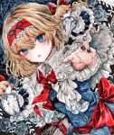  1girl alice_margatroid apron bangs blonde_hair blue_dress blue_eyes blue_flower blue_rose bow capelet closed_mouth commentary_request dress flower frilled_apron frilled_dress frilled_hairband frilled_skirt frills hairband holding holding_polearm holding_weapon jewelry long_sleeves looking_at_viewer medium_hair monji_(monzi328) necktie painting_(medium) polearm puppet_rings red_bow red_hairband red_necktie ring rose sample_watermark shanghai_doll shield skirt too_many too_many_frills touhou traditional_media upper_body watercolor_(medium) weapon white_apron white_capelet 
