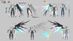  1boy absurdres chinese_commentary chinese_text closed_mouth concept_art grey_background halo high_heels highres honkai_(series) honkai_impact_3rd juer1004 kevin_kaslana large_wings logo male_focus official_art pointy_ears simple_background single_wing sword weapon white_hair wings 