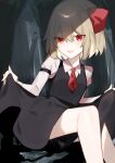  1girl :d ascot bangs black_skirt blonde_hair breasts clothes_lift dark_background hair_between_eyes hair_ribbon highres lifted_by_self looking_at_viewer necktie nemachi red_eyes red_necktie ribbon rumia shirt short_hair simple_background skirt skirt_hold skirt_lift small_breasts smile solo touhou vest 