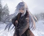  1girl absurdres artist_request black_jacket blue_eyes bolt_action fur-trimmed_jacket fur_trim gun highres holding holding_gun holding_weapon jacket looking_at_viewer official_art reverse_collapse_(series) serious snowing solo tree weapon white_hair 