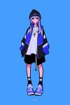  1girl absurdres black_shorts black_socks blue_background blue_footwear blue_hair blue_theme bright_pupils cross expressionless full_body hands_in_pockets highres jacket jewelry long_hair looking_at_viewer necklace original print_jacket shadow shirt shoes shorts simple_background socks solo standing violet_eyes white_pupils white_shirt yoshi_mi_yoshi 