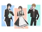  1girl 2boys black_hair brown_hair butler commentary long_hair maid multiple_boys munakata_souta ponytail serizawa_tomoya suzume_(suzume_no_tojimari) suzume_no_tojimari 