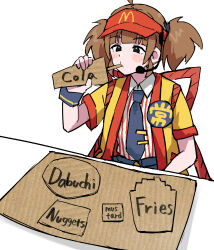  1girl absurdres back_bow badge blush_stickers bow brown_hair button_badge cardboard cardboard_dinner_(meme) eating employee_uniform english_text expressionless fast_food_uniform headset highres imadake_dabuchi_tabemi mcdonald's meme necktie open_happi photo-referenced shirt simple_background sitting solo striped_clothes striped_shirt table tenten_(chan4545) tie_clip twintails vertical-striped_clothes vertical-striped_shirt visor_cap white_background wing_collar yellow_happi 