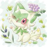  artist_name blush fluffy food fruit grapes green_fur hand_up highres leaf no_humans one_eye_closed pawpads plant pokemon pokemon_(creature) red_eyes remedy_matome simple_background sitting sprigatito tongue tongue_out twitter_username 