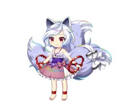  1girl :3 a-pose animal_ears ankle_cuffs bare_shoulders barefoot bear_trap bow breasts cerberus chibi dog dog_ears dog_girl grey_tail highres jewelry medium_breasts mitsugashira_enoko multiple_tails nail_polish necklace red_eyes rotte_(1109) sprite tail touhou touhou_lostword white_hair 