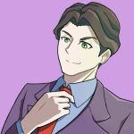 1boy adjusting_clothes adjusting_necktie andrew_hanbridge blue_shirt brown_hair closed_mouth collared_shirt green_eyes hato-sama highres jacket little_witch_academia long_sleeves male_focus necktie purple_background purple_jacket red_necktie shirt short_hair simple_background smile solo split_mouth upper_body 