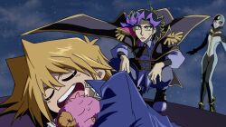  1other 2boys ahoge ai_(yu-gi-oh!) aircraft android arm_on_knee arms_on_knees ascot black_ascot black_bodysuit black_boots black_bow black_cape black_hair blonde_hair blue_jacket blue_sky bodysuit boots bow cape chaya_mago closed_eyes clouds cloudy_sky colored_bangs commentary confused crossed_arms dirigible dress_shirt duel_monster epaulettes facing_another facing_to_the_side grey_pants hands_on_own_knees holding holding_stuffed_toy humanoid_robot in-franchise_crossover jacket jonouchi_katsuya kneeling looking_at_another lying midair military_jacket military_uniform multiple_boys night on_side open_clothes open_jacket open_mouth outdoors outstretched_arms pants popped_collar purple_shirt red_eyes robot scapegoat school_uniform shirt sky sleeping solid_circle_eyes squatting star_(sky) stuffed_animal stuffed_toy sweatdrop untucked_shirt white_shirt wide-eyed wind worried yu-gi-oh! yu-gi-oh!_duel_monsters yu-gi-oh!_vrains 