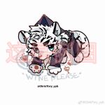  1boy animal_ears animal_hands arknights artist_name barefoot black_suit chibi christory_yyb clothes_pull cup drinking_glass english_text formal full_body furry furry_male looking_at_viewer male_focus mountain_(arknights) sample_watermark short_hair solo suit thick_eyebrows tiger_boy tiger_ears white_fur wine_glass 